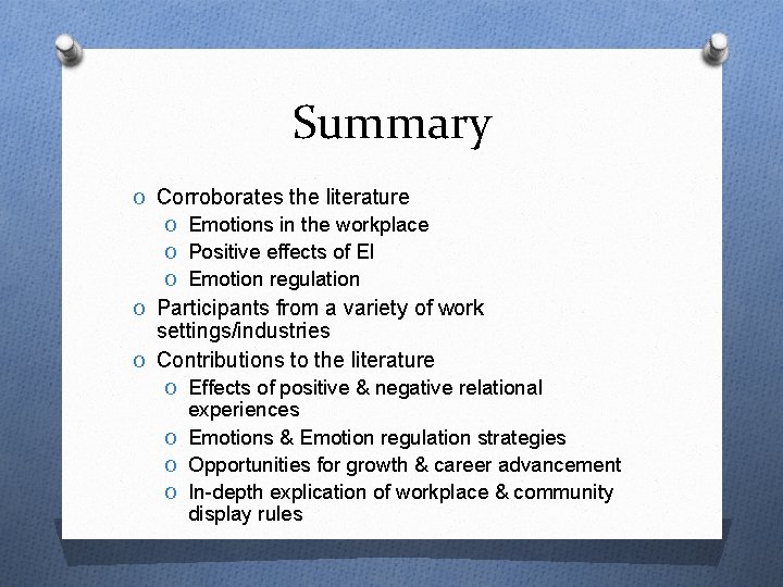 Summary O Corroborates the literature O Emotions in the workplace O Positive effects of