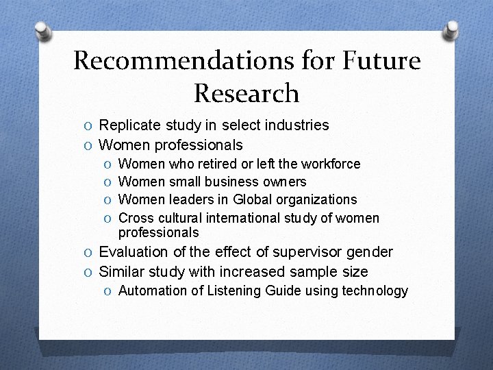 Recommendations for Future Research O Replicate study in select industries O Women professionals O