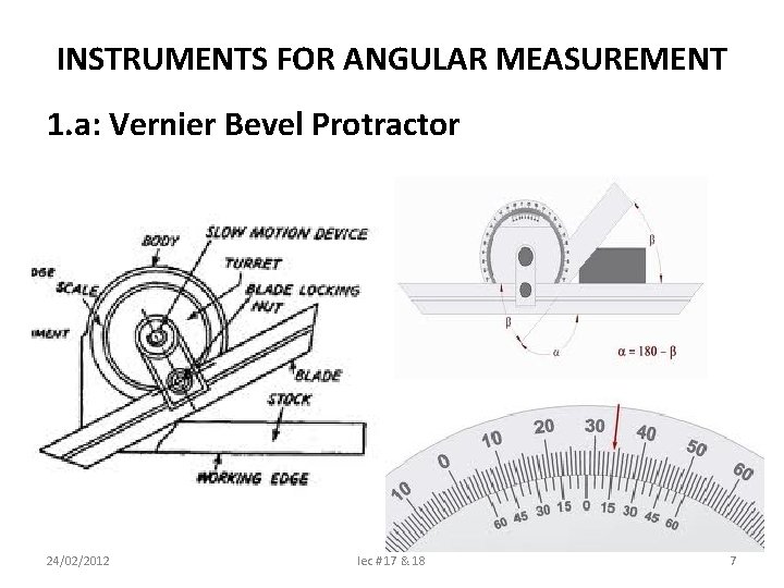 INSTRUMENTS FOR ANGULAR MEASUREMENT 1. a: Vernier Bevel Protractor 24/02/2012 lec # 17 &