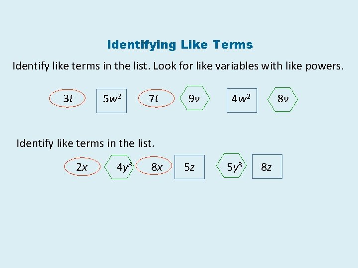Identifying Like Terms Identify like terms in the list. Look for like variables with Identifying Like Terms Identify like terms in the list. Look for like variables with