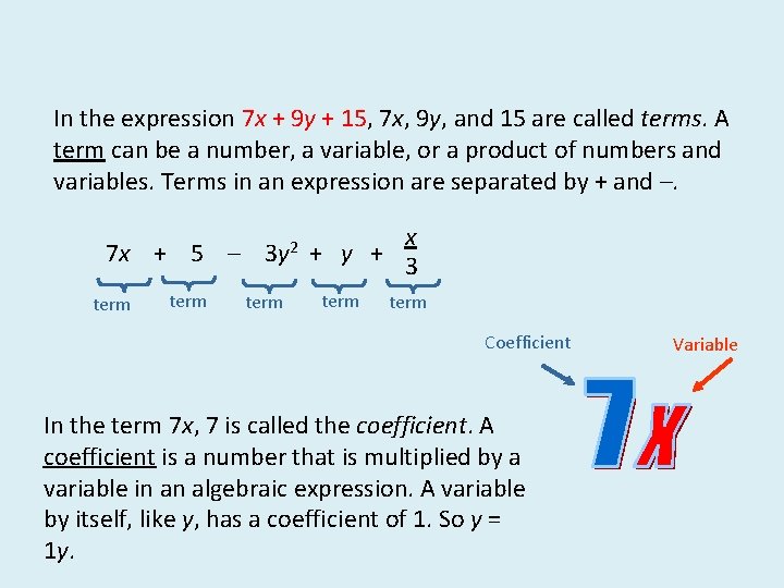 In the expression 7 x + 9 y + 15, 7 x, 9 y, In the expression 7 x + 9 y + 15, 7 x, 9 y,