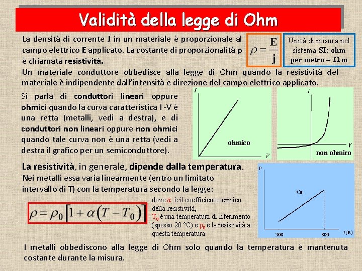 Validità della legge di Ohm La densità di corrente J in un materiale è