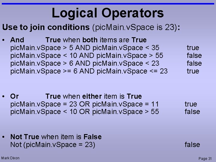 Logical Operators Use to join conditions (pic. Main. v. Space is 23): • And