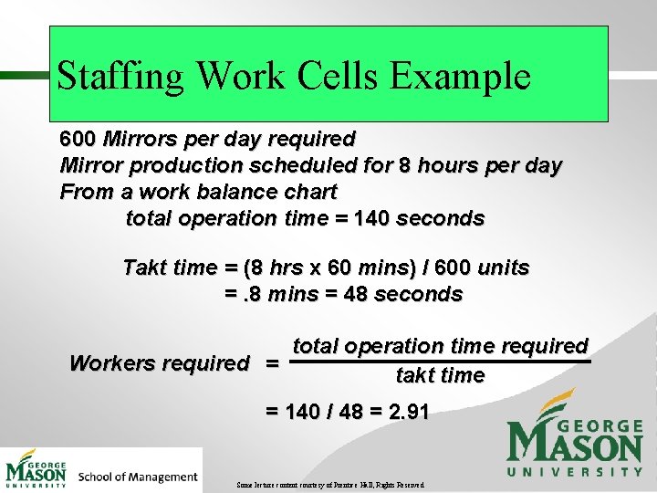 Staffing Work Cells Example 600 Mirrors per day required Mirror production scheduled for 8