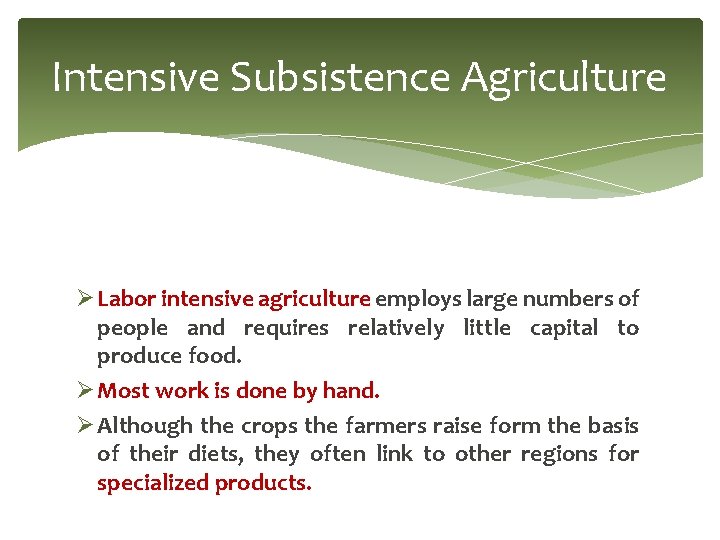 Intensive Subsistence Agriculture Ø Labor intensive agriculture employs large numbers of people and requires Intensive Subsistence Agriculture Ø Labor intensive agriculture employs large numbers of people and requires