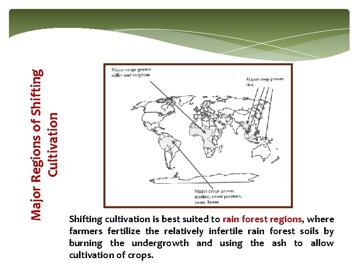 Major Regions of Shifting Cultivation Shifting cultivation is best suited to rain forest regions, Major Regions of Shifting Cultivation Shifting cultivation is best suited to rain forest regions,