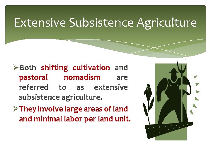 Extensive Subsistence Agriculture ØBoth shifting cultivation and pastoral nomadism are referred to as extensive Extensive Subsistence Agriculture ØBoth shifting cultivation and pastoral nomadism are referred to as extensive