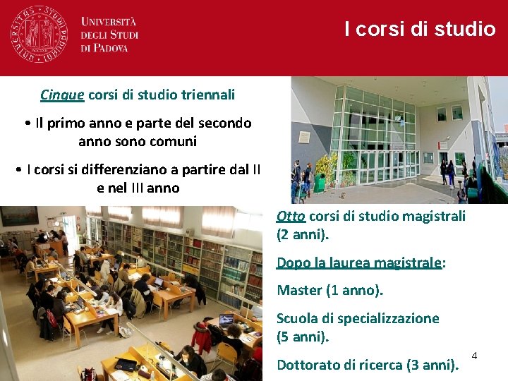 I corsi di studio Cinque corsi di studio triennali • Il primo anno e