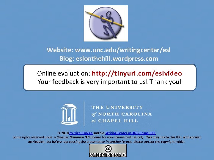Website: www. unc. edu/writingcenter/esl Blog: eslonthehill. wordpress. com Online evaluation: http: //tinyurl. com/eslvideo Your