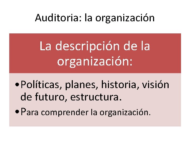 Auditoria: la organización La descripción de la organización: • Políticas, planes, historia, visión de