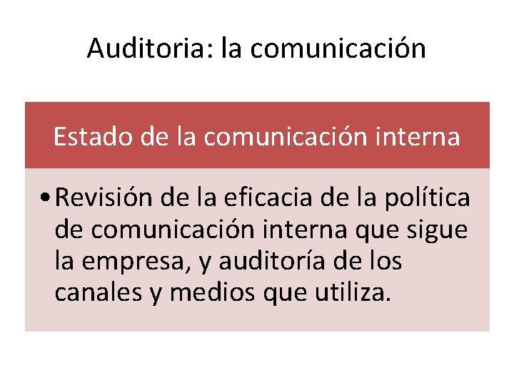 Auditoria: la comunicación Estado de la comunicación interna • Revisión de la eficacia de