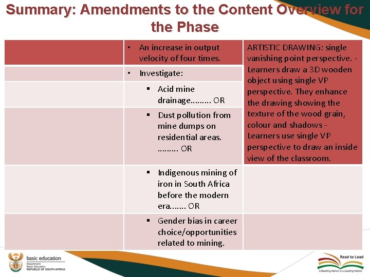 Summary: Amendments to the Content Overview for the Phase • An increase in output