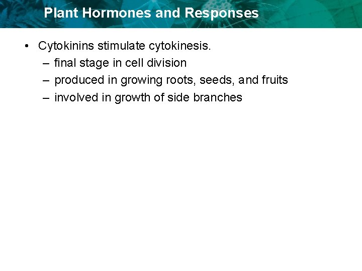 Plant Hormones and Responses • Cytokinins stimulate cytokinesis. – final stage in cell division