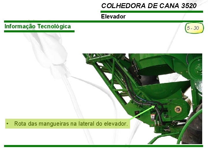 COLHEDORA DE CANA 3520 Elevador Informação Tecnológica • Rota das mangueiras na lateral do