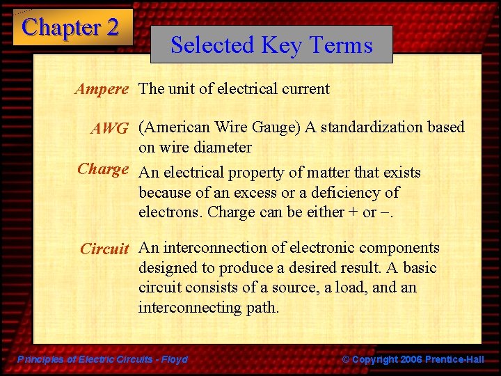Chapter 2 Selected Key Terms Ampere The unit of electrical current AWG (American Wire
