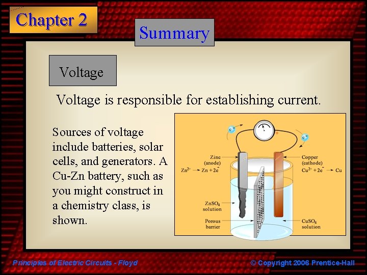 Chapter 2 Summary Voltage is responsible for establishing current. Sources of voltage include batteries,