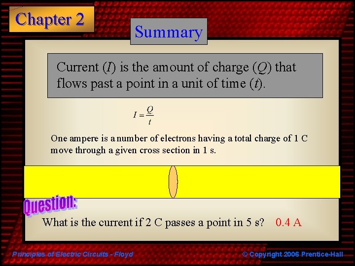 Chapter 2 Summary Current (I) is the amount of charge (Q) that flows past