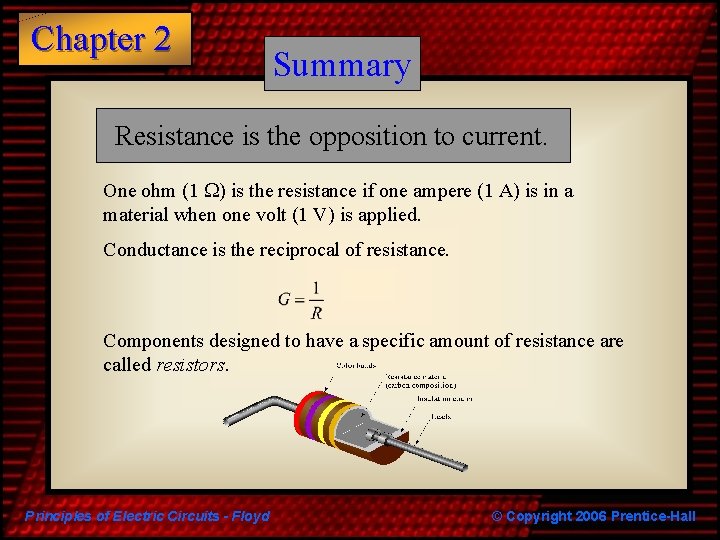 Chapter 2 Summary Resistance is the opposition to current. One ohm (1 W) is