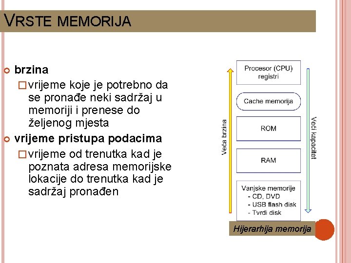 VRSTE MEMORIJA brzina � vrijeme koje je potrebno da se pronađe neki sadržaj u