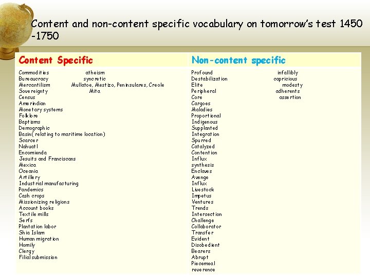 Content and non-content specific vocabulary on tomorrow’s test 1450 -1750 Content Specific Non-content specific