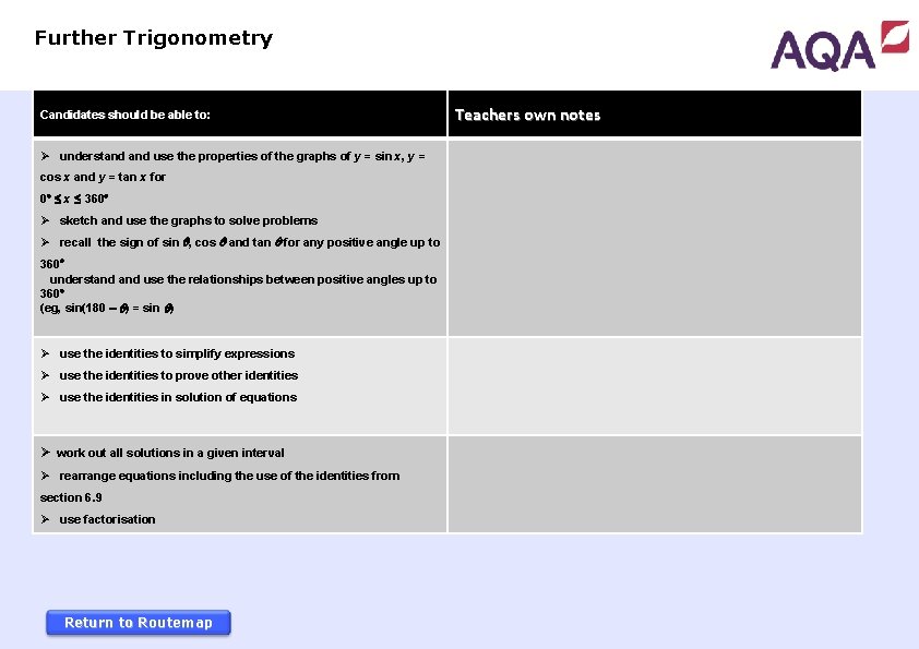 Further Trigonometry Candidates should be able to: Ø understand use the properties of the