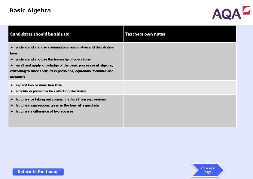 Basic Algebra Candidates should be able to: Ø understand use commutative, associative and distributive
