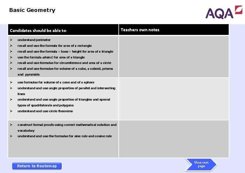 Basic Geometry Candidates should be able to: Ø understand perimeter Ø recall and use