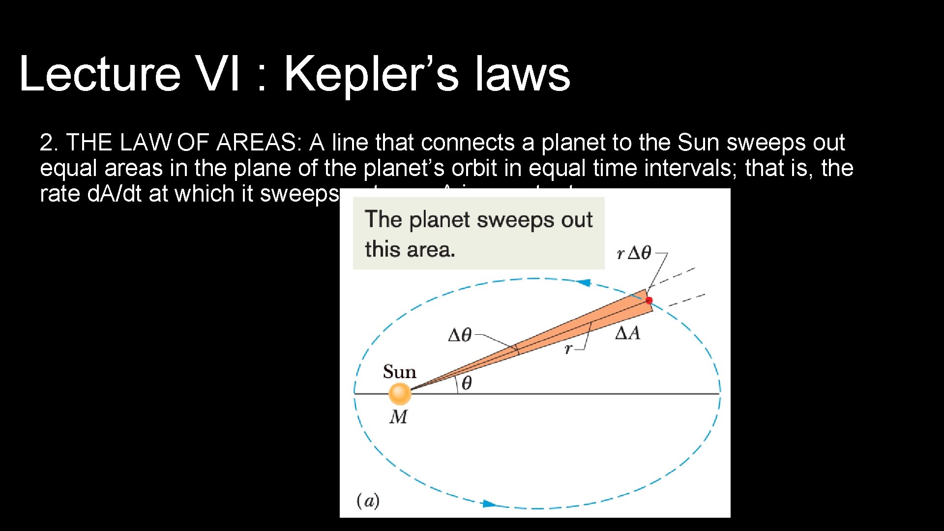 Lecture VI : Kepler’s laws 2. THE LAW OF AREAS: A line that connects