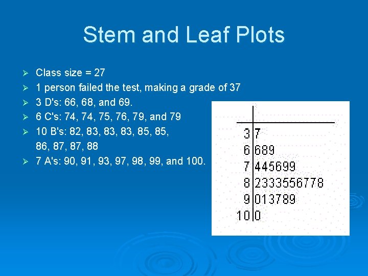 Stem and Leaf Plots Ø Ø Ø Class size = 27 1 person failed