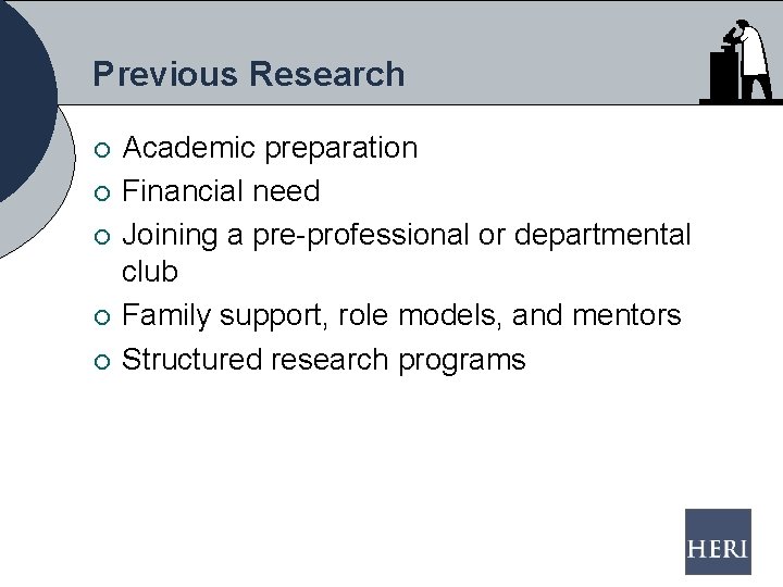 Previous Research ¡ ¡ ¡ Academic preparation Financial need Joining a pre-professional or departmental