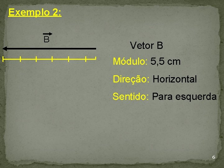 Exemplo 2: B Vetor B Módulo: 5, 5 cm Direção: Horizontal Sentido: Para esquerda