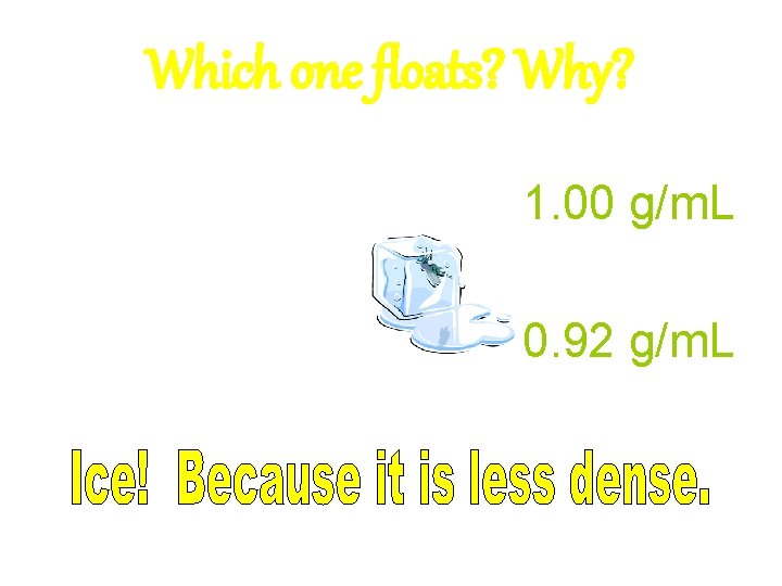 Which one floats? Why? • Density of Water: 1. 00 g/m. L • Density