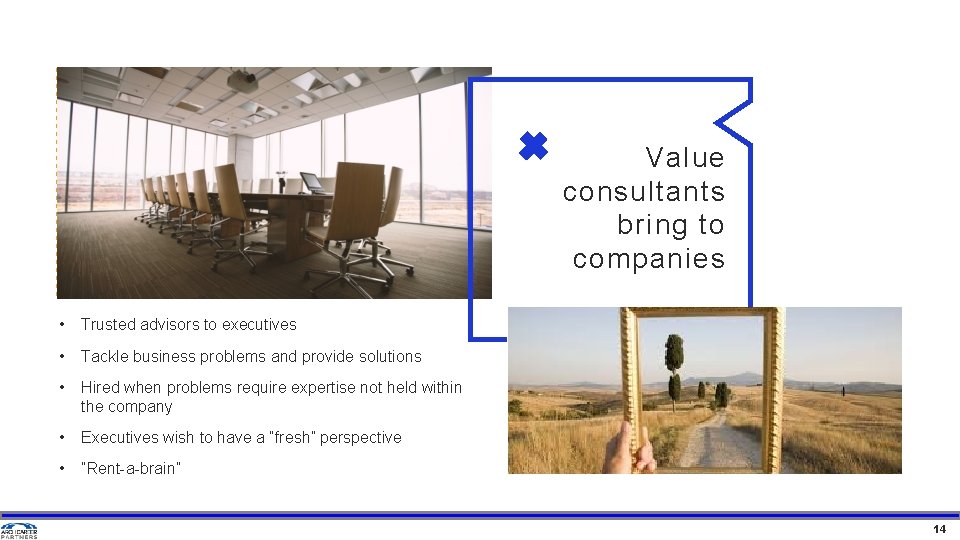 Value consultants bring to companies • Trusted advisors to executives • Tackle business problems