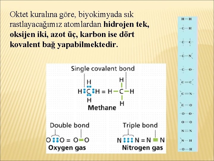 Oktet kuralına göre, biyokimyada sık rastlayacağımız atomlardan hidrojen tek, oksijen iki, azot üç, karbon