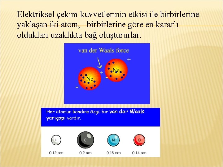 Elektriksel çekim kuvvetlerinin etkisi ile birbirlerine yaklaşan iki atom, birbirlerine göre en kararlı oldukları