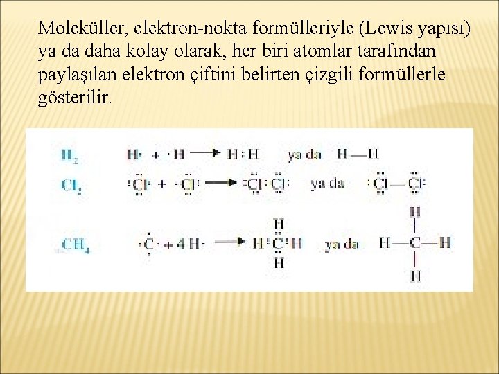 Moleküller, elektron-nokta formülleriyle (Lewis yapısı) ya da daha kolay olarak, her biri atomlar tarafından