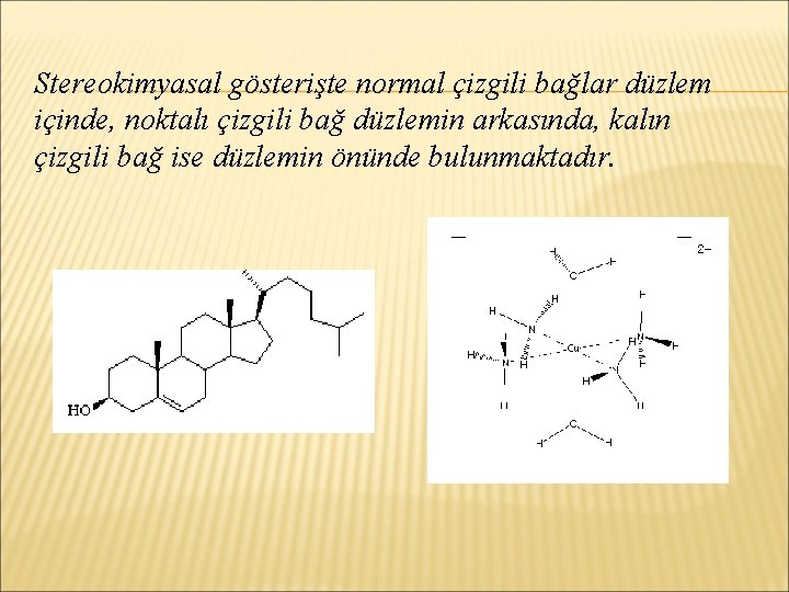 Stereokimyasal gösterişte normal çizgili bağlar düzlem içinde, noktalı çizgili bağ düzlemin arkasında, kalın çizgili