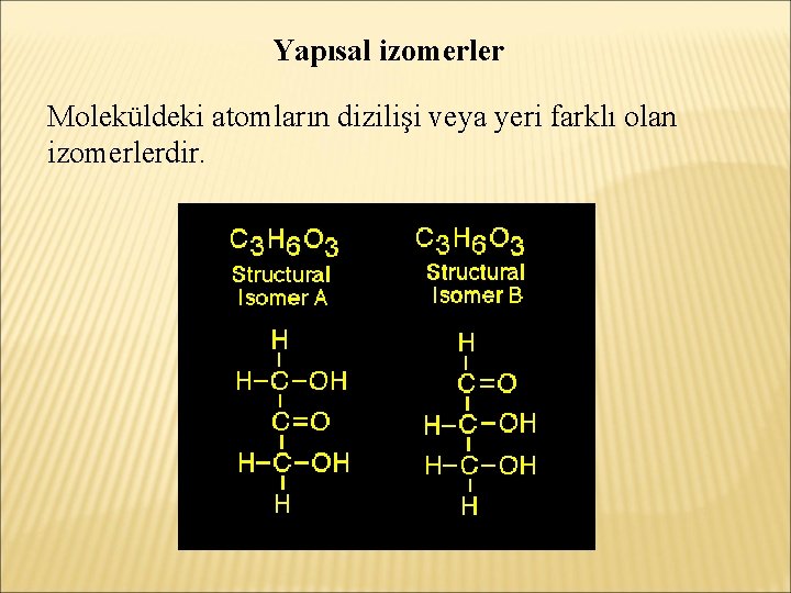 Yapısal izomerler Moleküldeki atomların dizilişi veya yeri farklı olan izomerlerdir. 