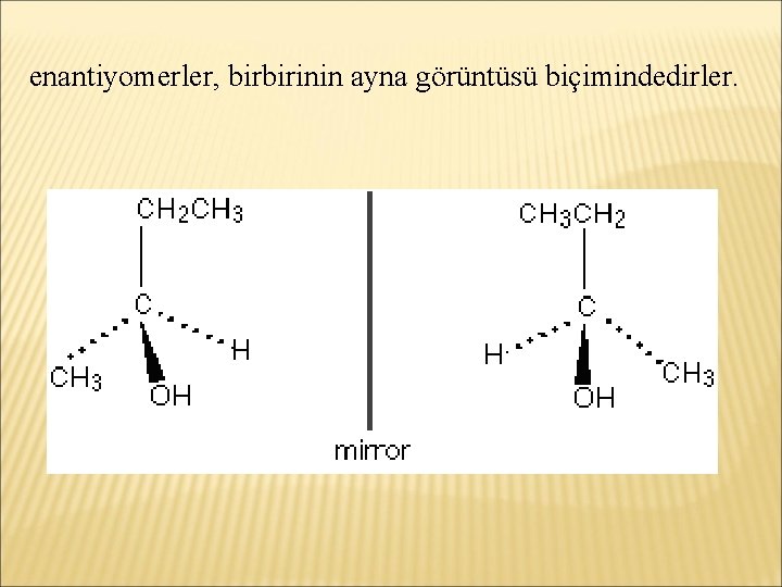 enantiyomerler, birbirinin ayna görüntüsü biçimindedirler. 