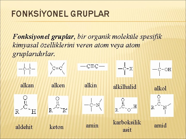 FONKSİYONEL GRUPLAR Fonksiyonel gruplar, bir organik moleküle spesifik kimyasal özelliklerini veren atom veya atom