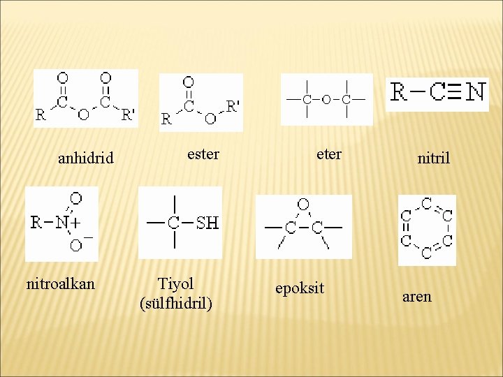 anhidrid nitroalkan ester Tiyol (sülfhidril) eter epoksit nitril aren 