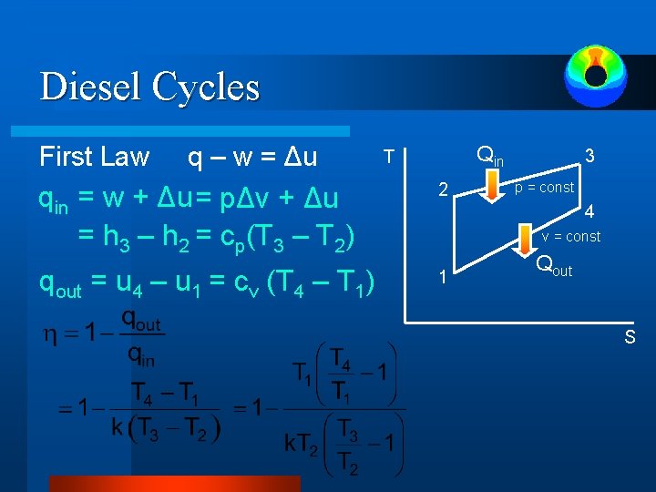 Diesel Cycles First Law q – w = Δu Qin T qin = w Diesel Cycles First Law q – w = Δu Qin T qin = w