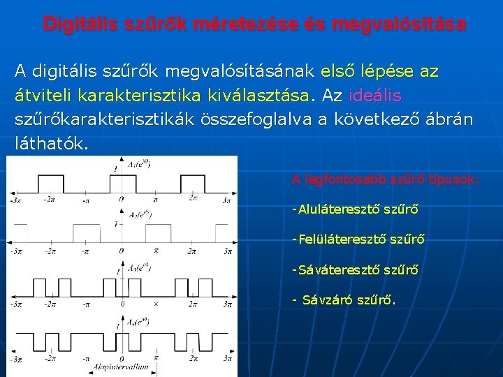 Digitális szűrők méretezése és megvalósítása A digitális szűrők megvalósításának első lépése az átviteli karakterisztika