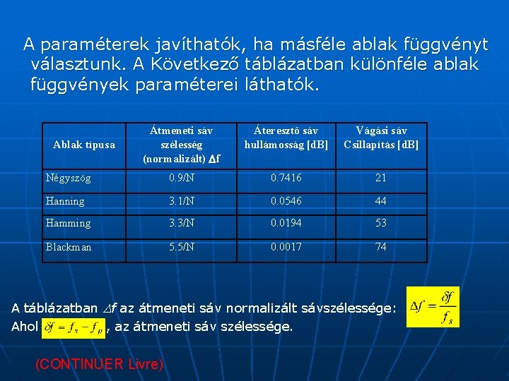 A paraméterek javíthatók, ha másféle ablak függvényt választunk. A Következő táblázatban különféle ablak függvények