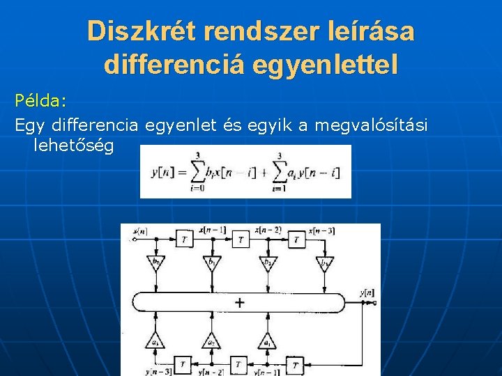 Diszkrét rendszer leírása differenciá egyenlettel Példa: Egy differencia egyenlet és egyik a megvalósítási lehetőség
