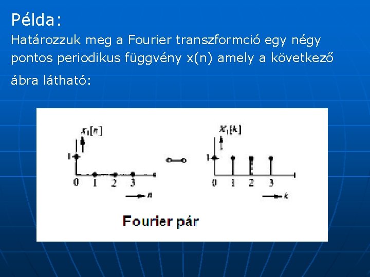 Példa: Határozzuk meg a Fourier transzformció egy négy pontos periodikus függvény x(n) amely a