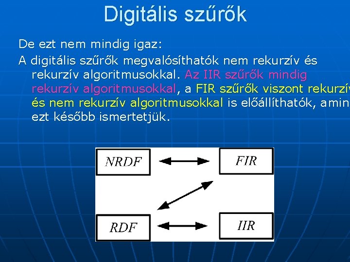 Digitális szűrők De ezt nem mindig igaz: A digitális szűrők megvalósíthatók nem rekurzív és