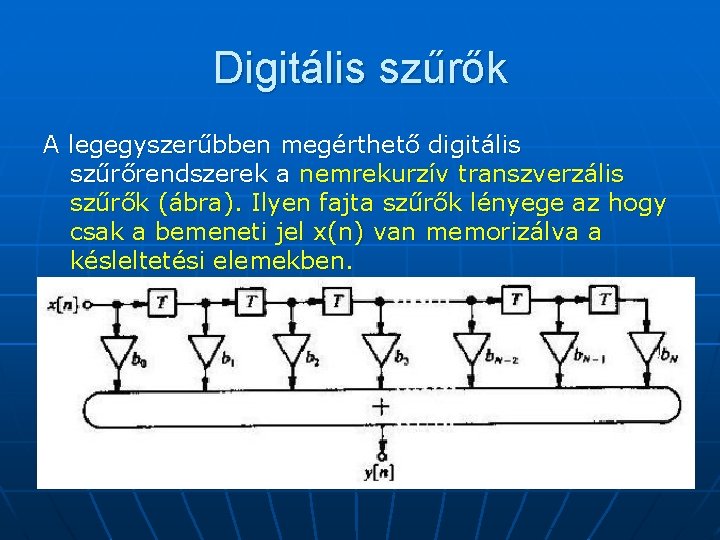 Digitális szűrők A legegyszerűbben megérthető digitális szűrőrendszerek a nemrekurzív transzverzális szűrők (ábra). Ilyen fajta