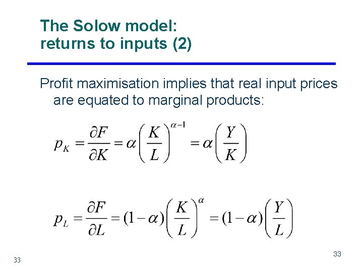 The Solow model: returns to inputs (2) Profit maximisation implies that real input prices