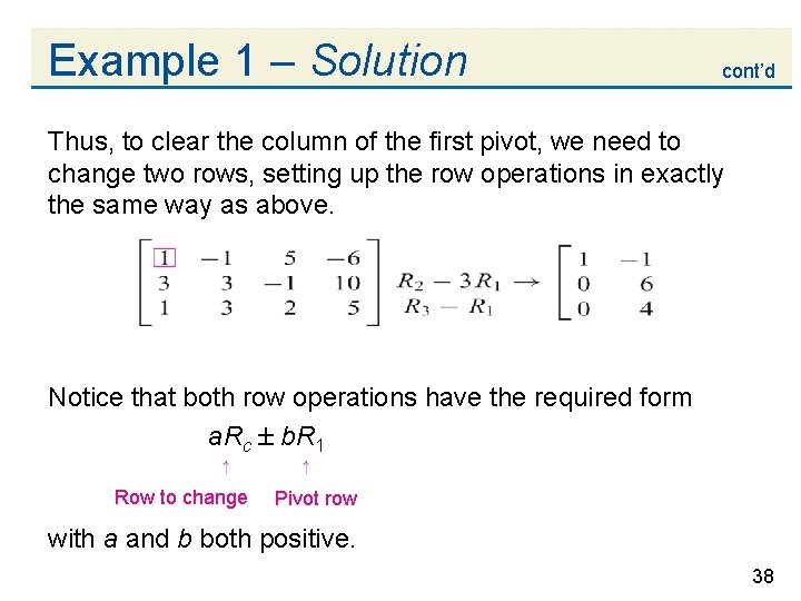 Example 1 – Solution cont’d Thus, to clear the column of the first pivot,